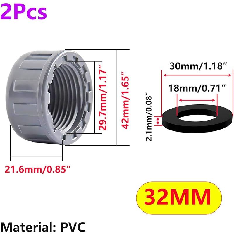 2 Stück Pvc-verschlusskappe, 32-mm-rohrkappe, Gewindestopfen, Pvc-stopfen Für Wasserrohre, Mit Unterlegscheibe