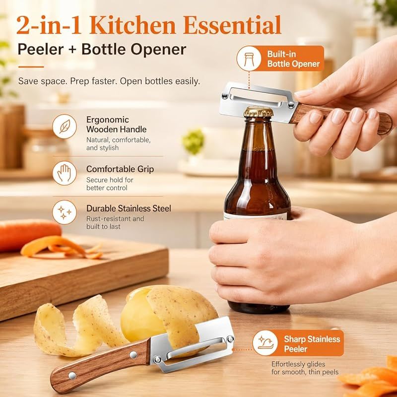 2er-set 2-in-1 Gemüseschäler Mit Holzgriffen, Multifunktionaler Edelstahlschäler Mit Flaschenöffner, Schäler Für Obst, Kartoffeln, Karotten, Gurken Und Mehr In Der Küche