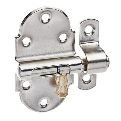 FP - alberts Grendelriegel, mit Messing-Knopf, ohne Feder, mit Schlaufe, vernickelt poliert, LxB40x75mm