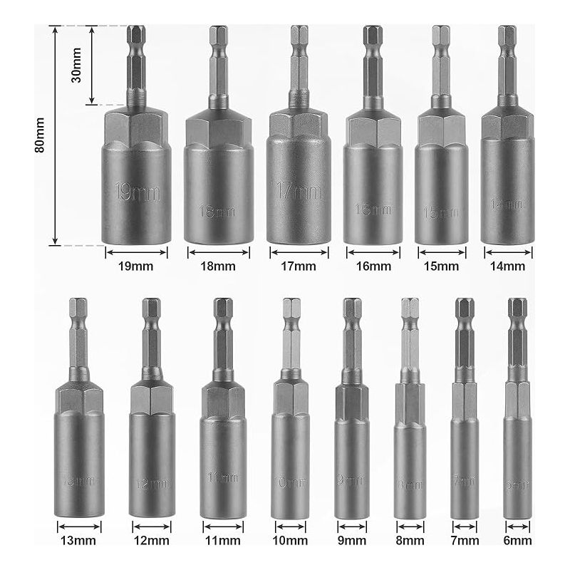 14-teiliger 1/4"-tiefbett-schlagschrauber-steckschlüsselsatz, Steckschlüsselsatz 6, 7, 8, 9, 10, 11, 12, 13, 14, 15, 16, 17, 18, 19 Mm