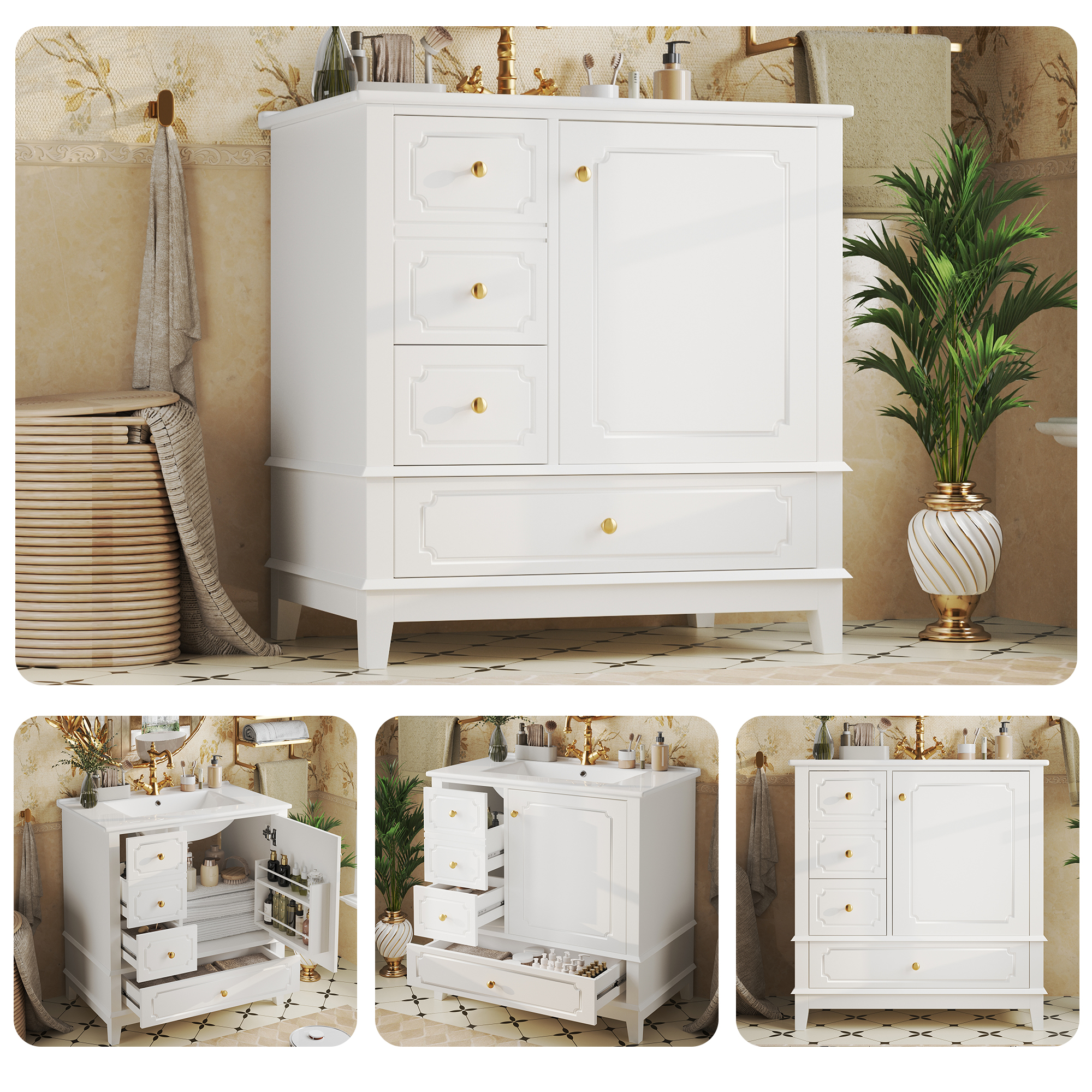 Badezimmer Waschbeckenunterschrank 76 – 76,5x47x87,5 Cm – 43.9 Kg – Aus Mdf – Hygienische Und Pflegeleichte Keramikoberfläche