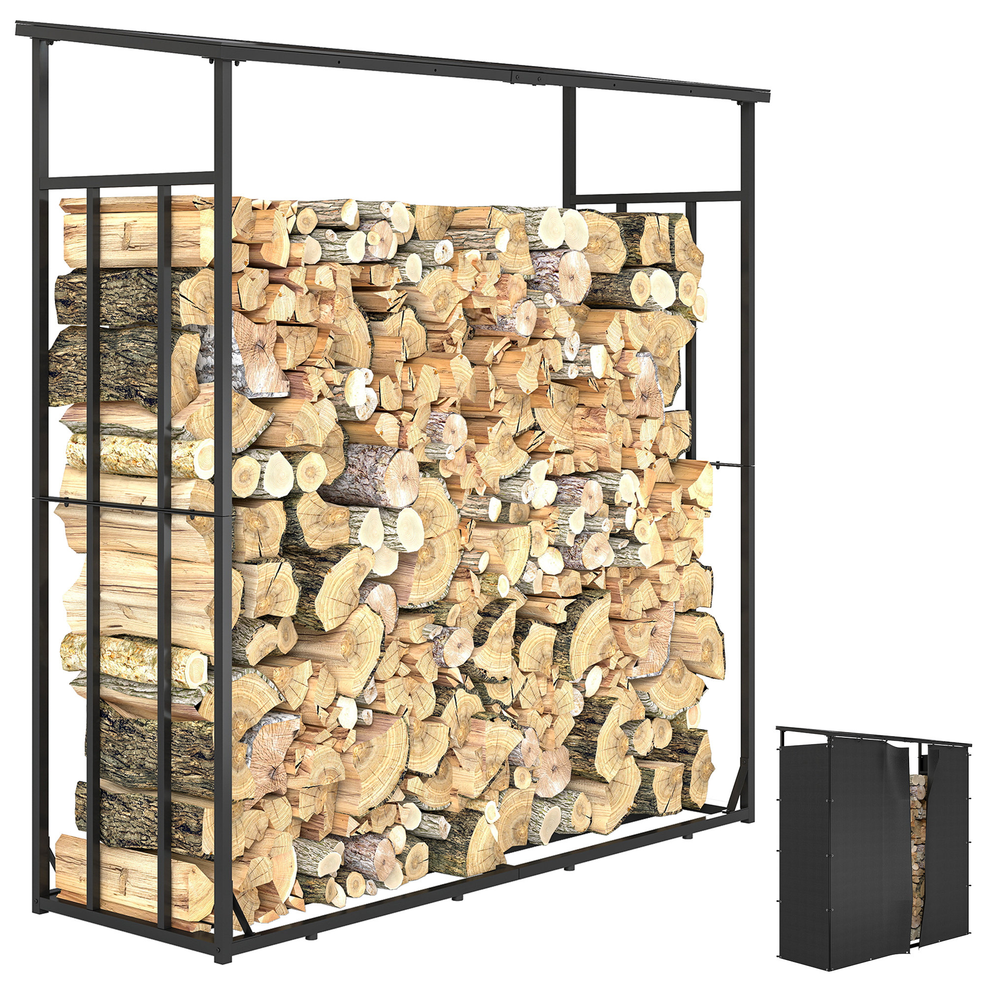 Holzlager Für Den Außenbereich Mit Einer Maximalen Tragfähigkeit Von 2000 Kg, Inklusive Wasserdichter Abdeckung, Maße 185 X 62 X 184 Cm, Schwarz.