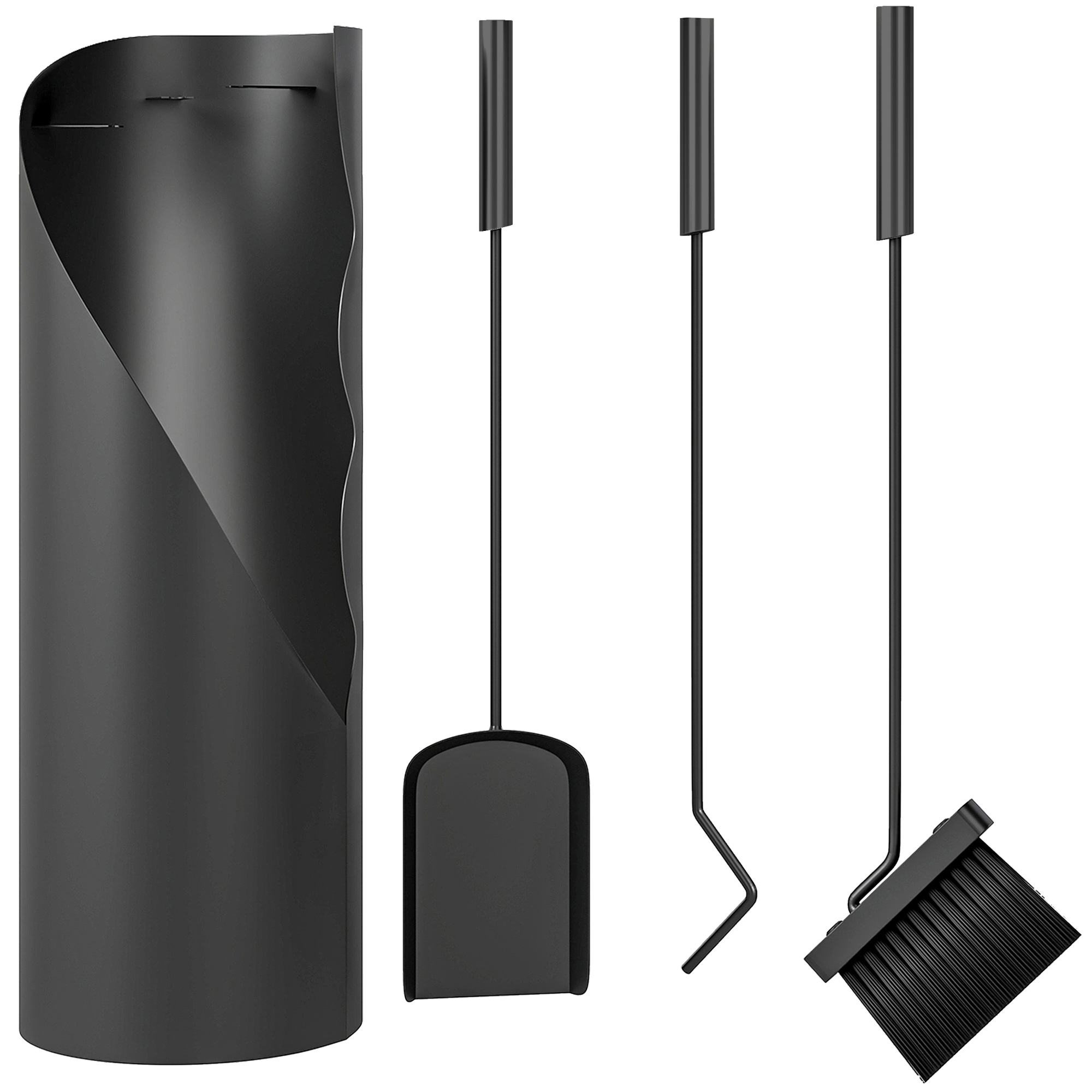 4-teiliges Kaminbesteck-set Mit Bürste, Schaufel, Schürhaken Und Ständer, Metall, 20 X 20 X 65 Cm, Schwarz