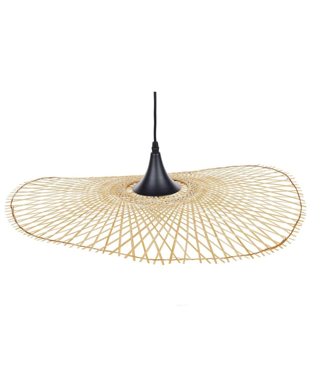 Hängeleuchte heller Holzfarbton 128 cm aus Bambusholz/ Metall mit gebogenem Lampenschirm für Wohnzimmer Esszimmer Modernes Design