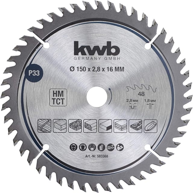 KWB - Kreissägeblatt 150 x 16 mm - Sehr feiner Schnitt - Für Arbeitsplatten, Holz und beschichtete Platten - Hartmetallbestückt