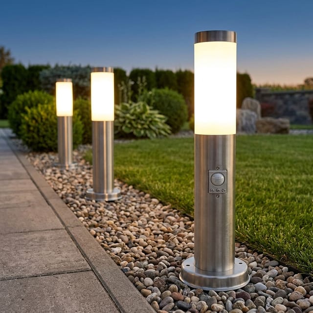 Sockelleuchte E27 Stehlampe Garten Außenleuchte Bewegungsmelder, Edelstahl, 1x Stehleuchte mit Sensor 2x Sockelleuchte, 1x E27 Fassung, DxH 7,6x45cm,