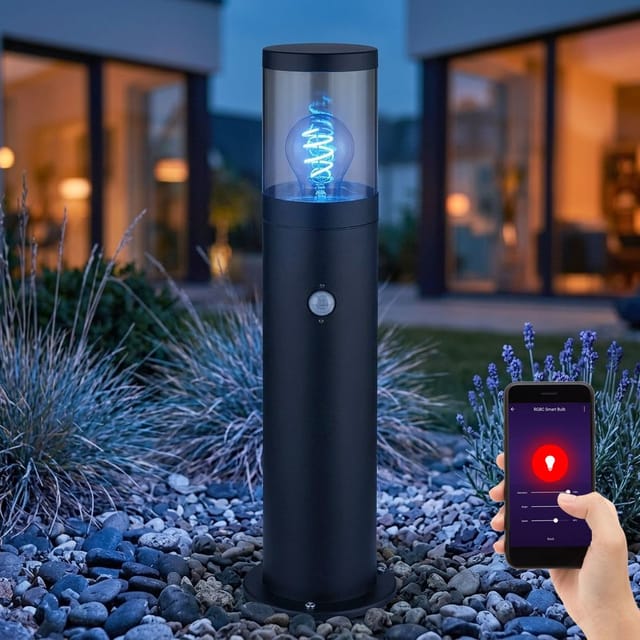 Smart led Sockelleuchte Außen Stehlampe mit Bewegungsmelder Außenleuchte Edelstahl, App- und Sprachsteuerung, rgb Farbwechsel, schwarz rauchfarben,