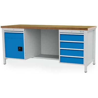 Kastenwerkbank Breite 2000 mm, R18-24, 5 x Schublade, 1 x Flügeltüre, 1 x Stahlfachboden halbe Tiefe, Rückwand Maße in mm (BxTxH): 2000 x 750 x 859