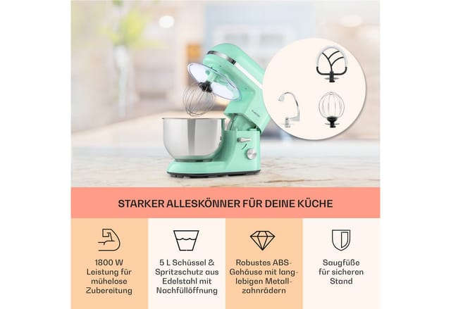 Klarstein - Küchenmaschine, Knetmaschine Mit 5l Schüssel, 2000w Profi Küchenmaschine Mit Knethaken Und Schneebesen, Universal Küchenmaschine Mit 6 Stufen, Teigmaschine Zum Rühren, Kneten Und A