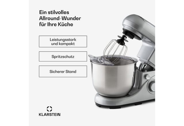 Klarstein - Knetmaschine Küchenmaschine Zum Backen, 1300w Teigmaschine Klein, 6 Stufen, Schneebesen Rühr- & Knethaken, 5l Schüssel, Planetenrührwerk, Rührmaschine Mit Mixer, Küchenmaschinen Fü