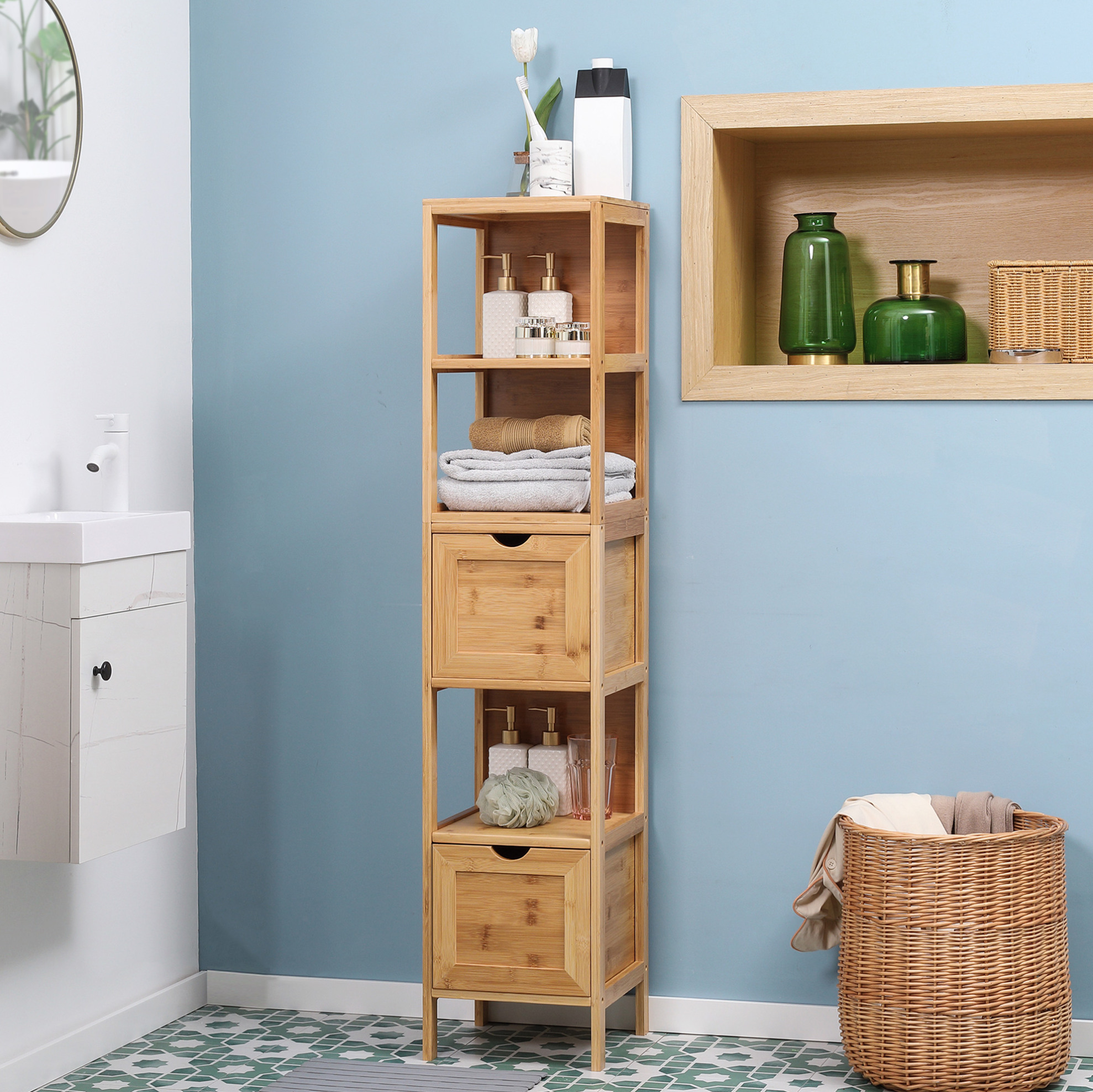 Badmöbel Hochschrank Modern Aus Bambus In Naturholz 30 X 30 X 140 Cm Mit 3 Offenen Fächern Und 2 Herausnehmbaren Schubladen