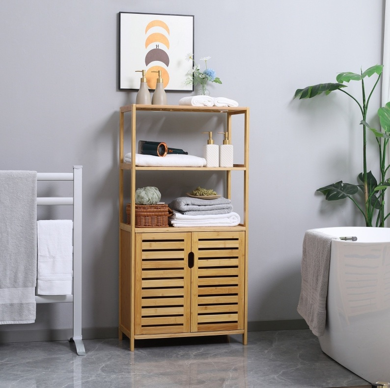 Badmöbel Aus Bambus In Natur Mit Lamellentüren, 2 Offene Fächer Und 2-stufigem Schrank, 60 X 30 X 120 Cm