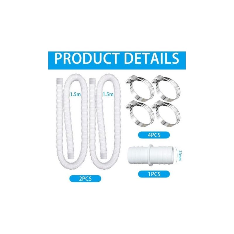 Set Mit 2 X 32-mm-poolschläuchen Für Poolpumpen, 32 Mm, Mit 4 Sicherheitsclips Und 1 Schlauchverbinder, 150 Cm X 32 Mm Poolschlauch, Für Filteranlagen Und Poolpumpen (weiß)