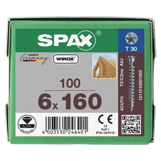Holzbauschraube 6 x 160 mm Zylinderkopf t-star plus Vollgewinde 4CUT wirox P3J 100 Stk - Spax
