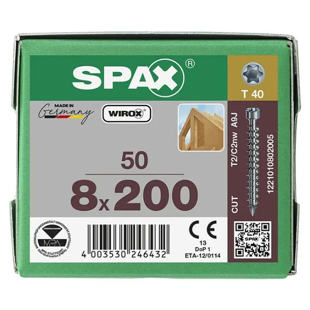Spax - in.force, 8 x 200 mm, 50 Stück, Vollgewinde, Zylinderkopf, t-star plus T40, CUT-Spitze, wirox - 1221010802005