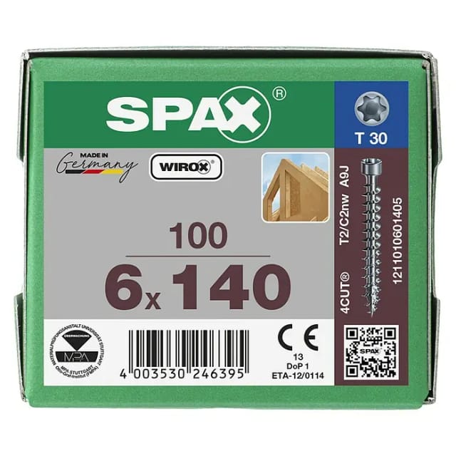 Spax - in.force, 6 x 140 mm, 100 Stück, Vollgewinde, Zylinderkopf, t-star plus T30, 4CUT, wirox - 1211010601405