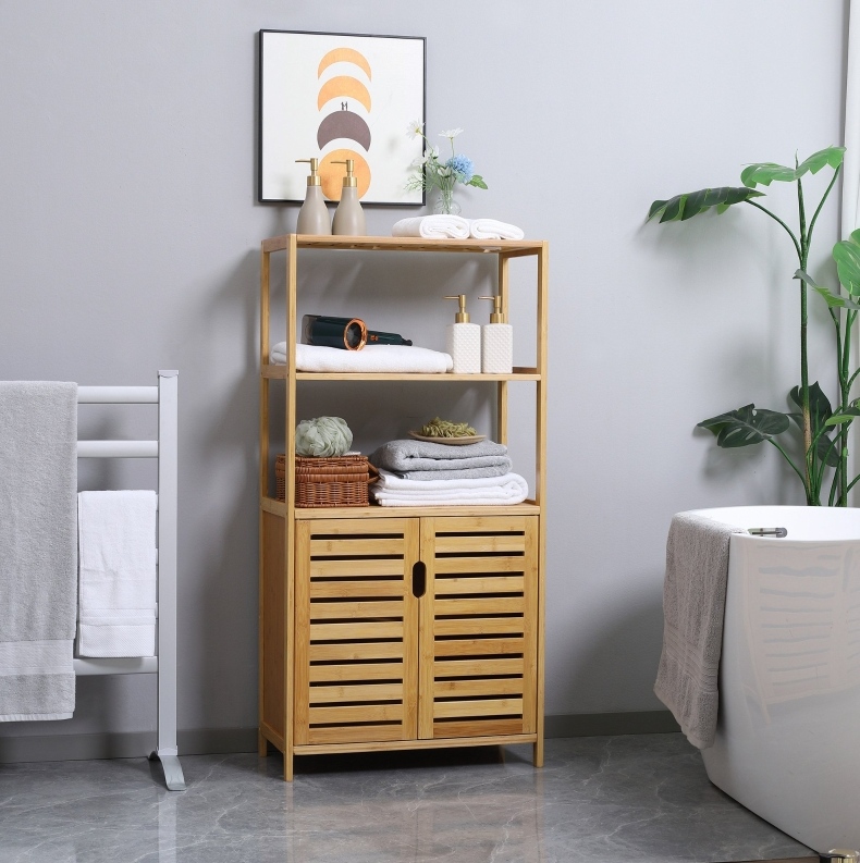Meuble Vasque Mit Stauraum Bambus Naturholz 60 Cm, Badezimmerschrank Mit Lamellentüren Und Offenen Fächern