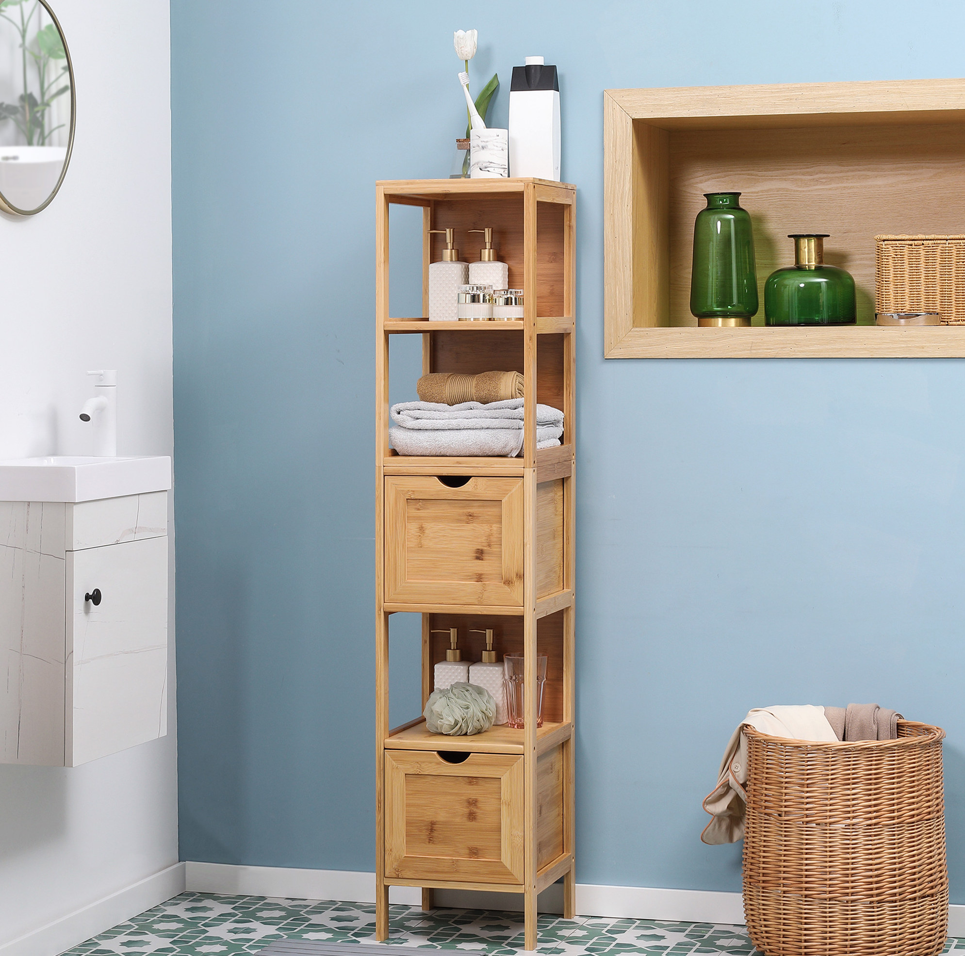 Badezimmerschrank Hochschrank Aus Bambus Natur, 30 Cm Breit, Mit 3 Offenen Fächern Und 2 Herausnehmbaren Schubladen
