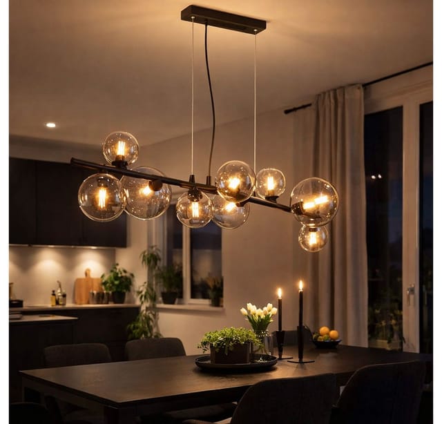 Pendelleuchte Kugel Glas Hängelampe Esstisch schwarz Wohnzimmerlampe hängend Modern, Rauchglas, 9x led 3,5W 350lm warmweiß, LxH 86x120 cm