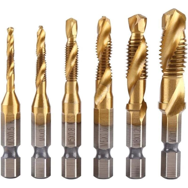 Jeu De 6 Tarauds, Tige Hexagonale À Vis 1/4 "m3-m10 Perceuse Et Taraudeuse Hss Revêtue De Titane, Forets À Tarauder À Filetage Métrique