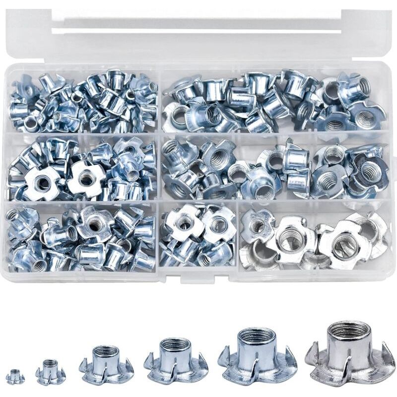 Aougo – Kit De 105 Écrous À Griffes En T – Acier Au Carbone – Tailles M4 M5 M6 M8 M10 – Fixation Antidérapante Pour Bois Et Plomberie