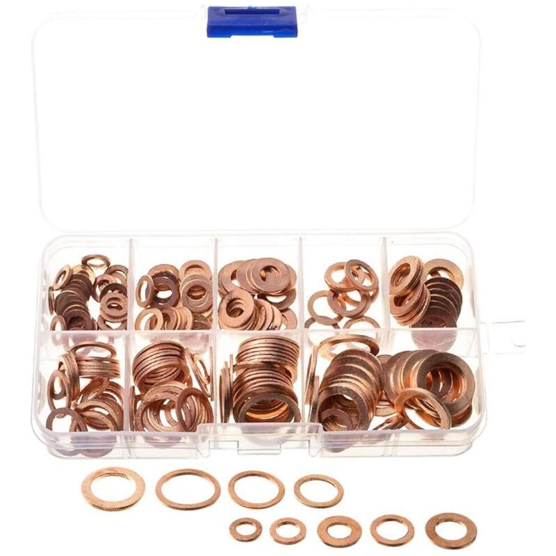 Aougo – Lot De 200 Rondelles De Joint En Cuivre – 9 Tailles M5 À M14 – Conductivité Électrique Et Thermique – Boîtier Compact Pour Rangement - M5-m14