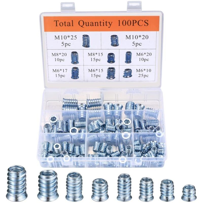 100 Pièces Manchons À Visser, Vis À Tête Fraisée, M6/m8/m10 Boulons À Visser Avec Insert À Visser, Insert Écrous À Visser Fileté À Six Pans Creux