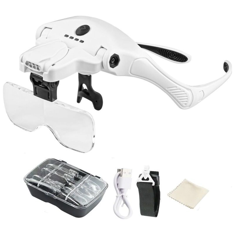 Sjlerst Loupe Avec Bandeau Éclairé Par Led 5 Lentilles Détachables 1.0x-3.5x Loupe Interchangeable Lunettes Loupe 2 Niveaux Outil D'Augmentation De La Luminosité Pour Pcb Montre Bijoux Travail De Près