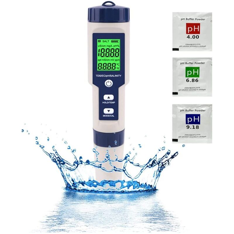 Aougo – Testeur De Qualité De L'Eau 5 En 1 – Ph, Tds, Ec, Salinité, Température – Écran Lcd Rétroéclairé – Pour Piscines Et Aquariums