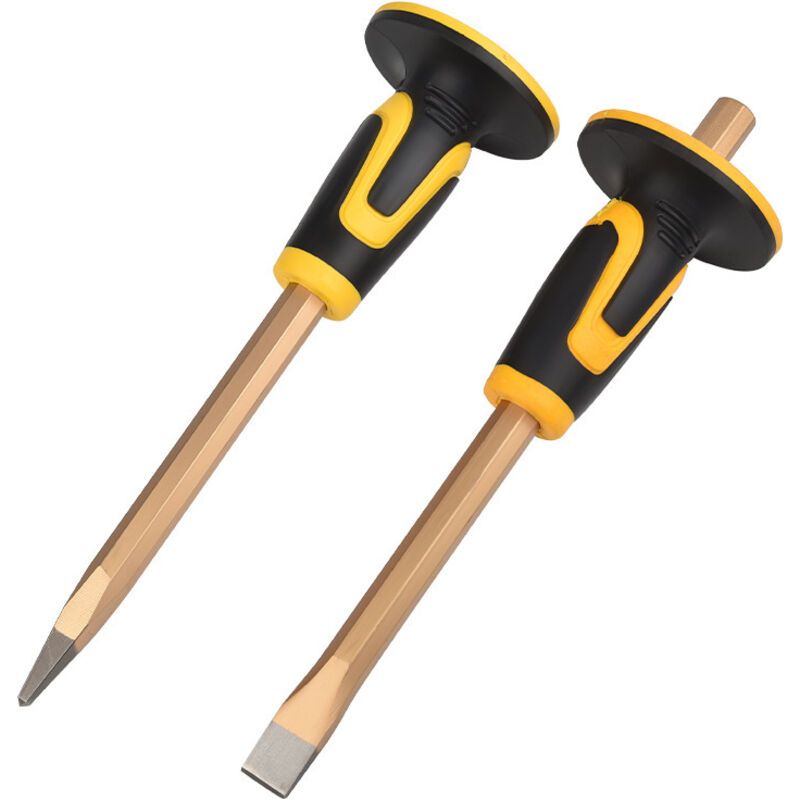 Ciseau Pointu,burin Plat，ciseau À Main Avec Protection De La Main 300 Mm, Poignée Ergonomique Antidérapante, Ciseau À Surface De Frappe Extra Large，2pcs（ciseau Pointu+burin Plat）