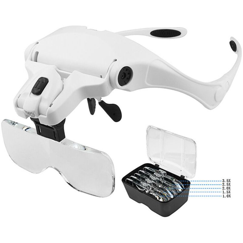Aougo – Lunettes Loupe Grossissantes Avec 2 Lumières Led – 5 Lentilles Détachables 1.0x-3.5x – Serre-tête Ajustable Pour Couture Et Artisanat