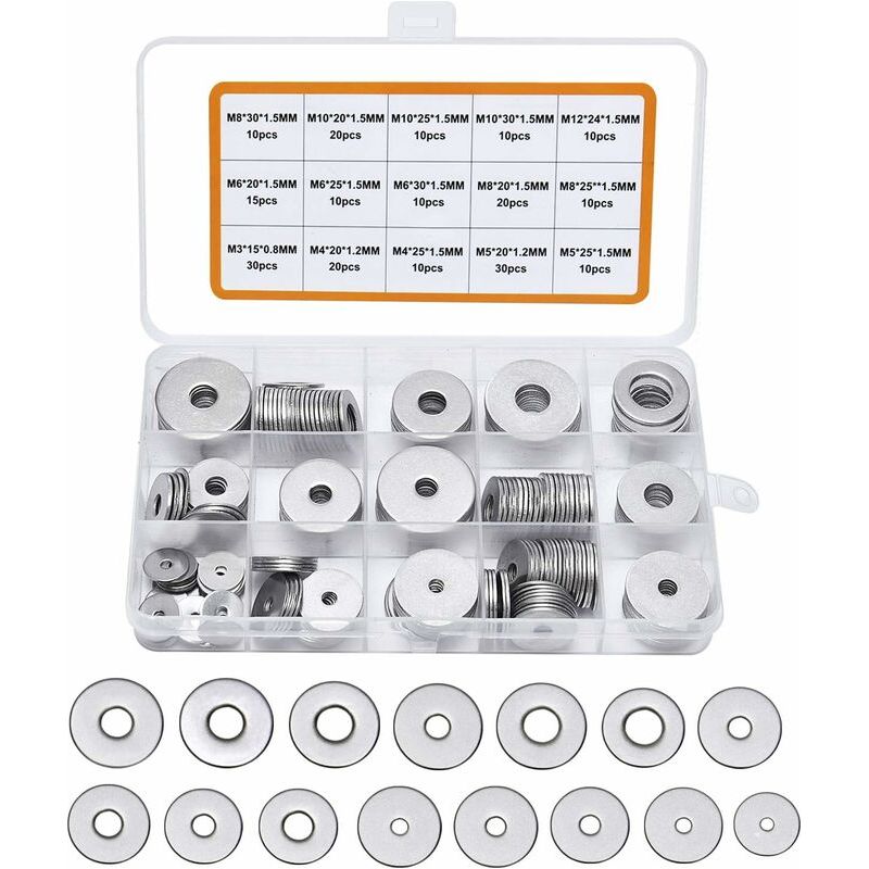 225pcs Rondelles Plates En 304 Acier Inoxydable Assortiment,m3 M4 M5 M6 M8 M10 M12 Rondelle Plate Pour L'Étanchéité Des Vis Bagues D'Étanchéité-livré Avec Boîte (gris)