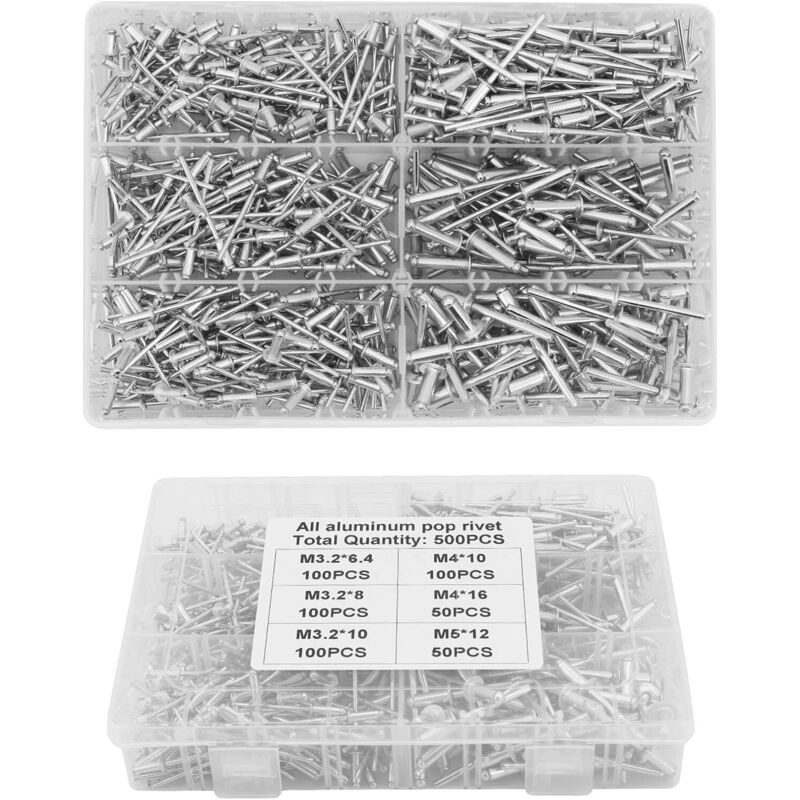 Rivets Aveugles, 500 Pcs M3.2 M4 M5 Rivets Aveugles En Aluminium Rivet Aluminium Rivets Pop Assortiment De Rivets Avec Boîte Pour Métal, Bois, Plastique