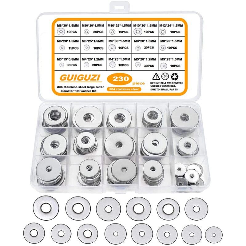 Rondelles Plates, 230 Pièces304 Acier Inoxydable Grandes Rondelles Metal, 15 Tailles M3 M4 M5 M6 M8 M10 M12 Pour La Décoration De La Maison Usines Cuisines Magasins Et Construction Extérieure Npterbl