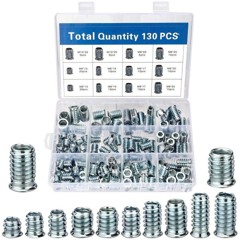 Aougo – Kit De 130 Inserts Filetés M6/m8/m10 En Acier Galvanisé – Résistance À L'Usure Et À La Rouille – Pour Meubles En Bois Et Connexions Solides