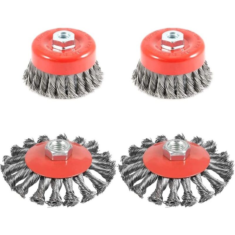 4pcs Brosse Métallique Nettoyage, Brosse Conique Pour Meuleuse D'Angle, Brosse De Ponçage En Acier Torsadé, Diamètre De 75 Mm Et 100 Mm, M14