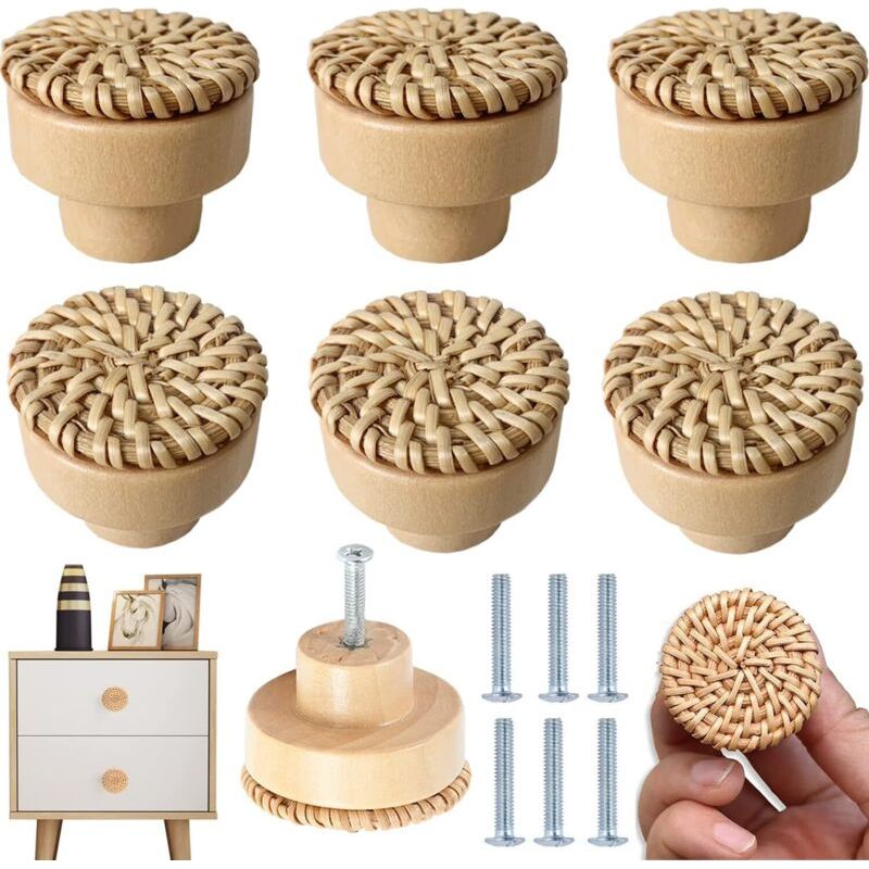 Lot De 6 Boutons De Meubles Ronds En Rotin, Faits À La Main, Pour Commode, Tiroirs, Salon, Cuisine, Armoires De Cuisine (6 Pièces)