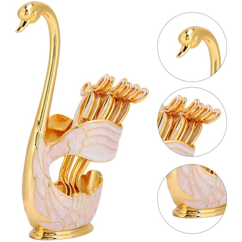 Sjlerst Metal Coffee Dessert Spoon Set, 6 Pièces Cuillères À Café Fourchettes De Fruits Cygne Set De Vaisselle Légumes En Acier Inoxydable Avec Porte-cuillère En Forme De Cygne Pour Thé(blanc Doré)