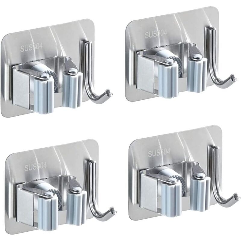 Lot De 4 Supports Muraux Pour Balai En Acier Inoxydable, Porte-balai Auto-adhésif, Antirouille, Avec 1 Crochet Et 1 Fixation Rapide Pour Vadrouille, Balais Et Outils De Jardin
