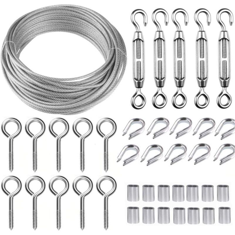 Aougo – Corde En Acier Inoxydable 30m – Câble Revêtu 2mm Avec 5 Tendeurs M5 – Pour Plantes Grimpantes, Garde-corps, Éclairages Extérieurs