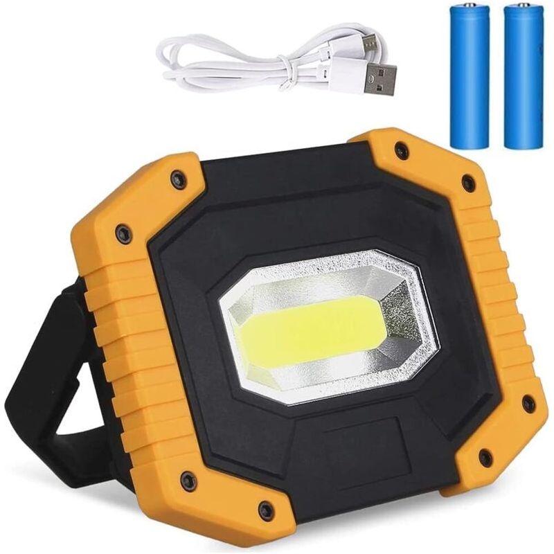 Projecteur Led Rechargeable,20w Usb 1200lm Lampes De Travail À Led,projecteur Chantier Lampes De Cob Camping Imperméable Portable Avec 3 Modes Pour Camping,chantier,garage, (2 Piles Incluses) [classe