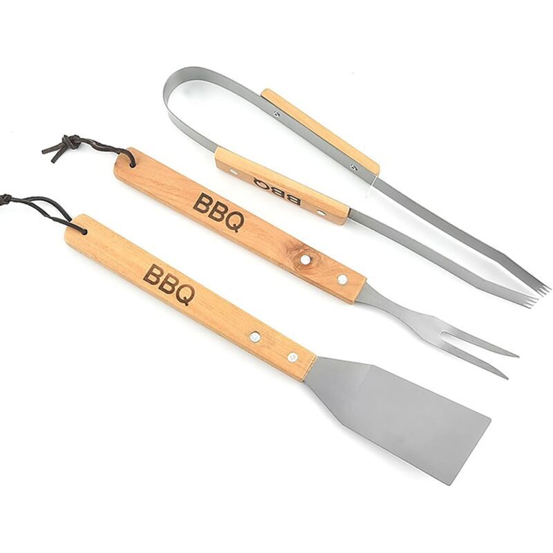 Ustensiles De Barbecue En Acier Inoxydable Avec Manche En Bois, Spatule, Pince, Fourchette, Accessoires De Barbecue