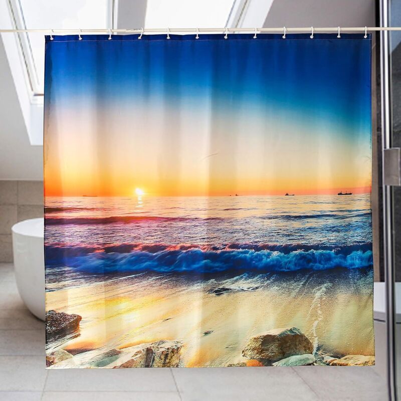 Rideau De Douche Anti Moisissure Imperméable Rideau De Salle De Bain Avec 12 Crochets Tissu En Polyester, Rideau Pour Salle De Bain Mer Crépuscule 182x182cm