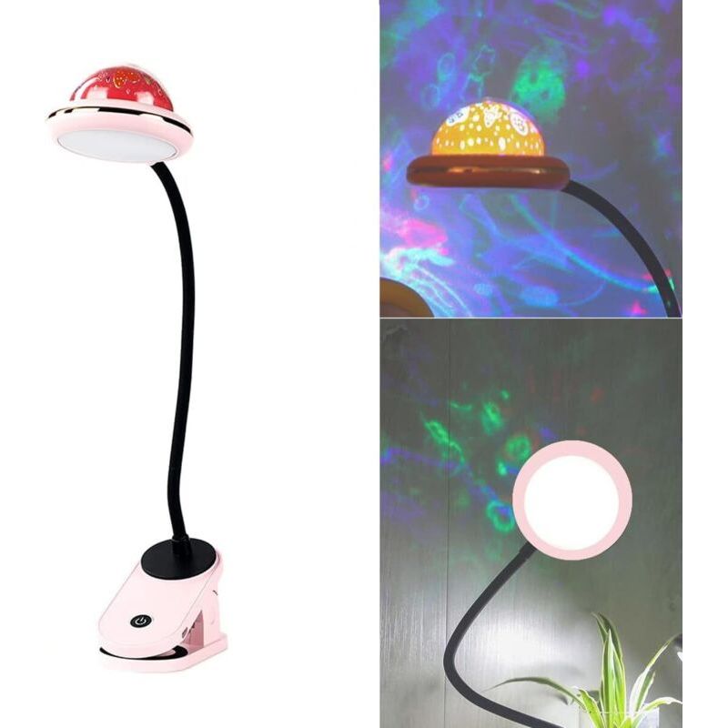 Aougo – Lampe À Pince Led Rechargeable Usb Pour Enfants – Projection D'Étoiles – Col De Cygne Flexible 360° – Intensité Variable Tactile – Rose