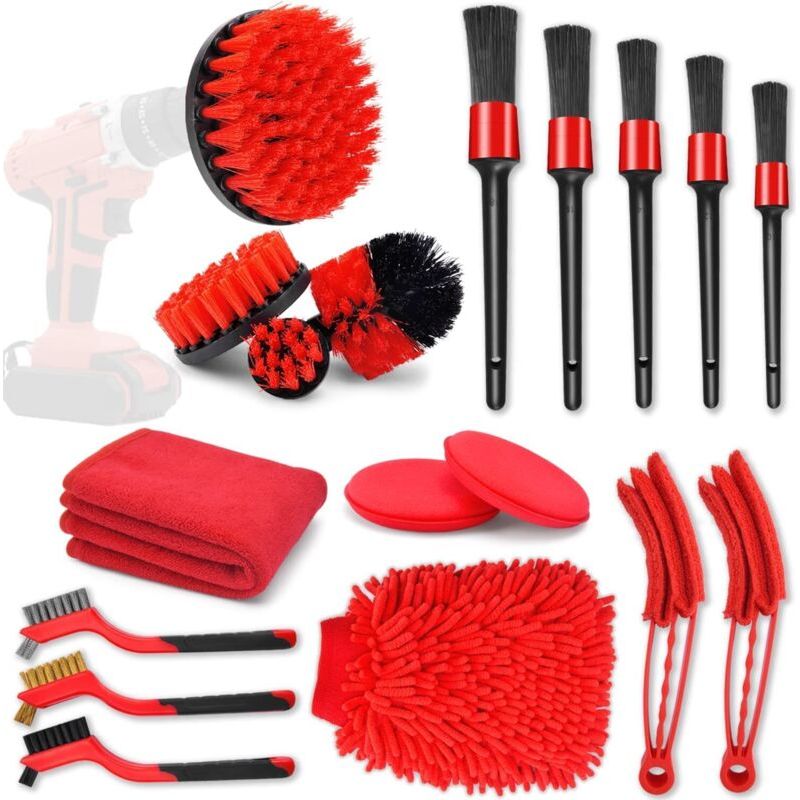 18 Pièces Kit Brosse Nettoyage Voiture-kit De Brosse Nettoyage Voiture Interieur Exterieur-brosse Nettoyage Perceuse Électrique (rot) Npterbl