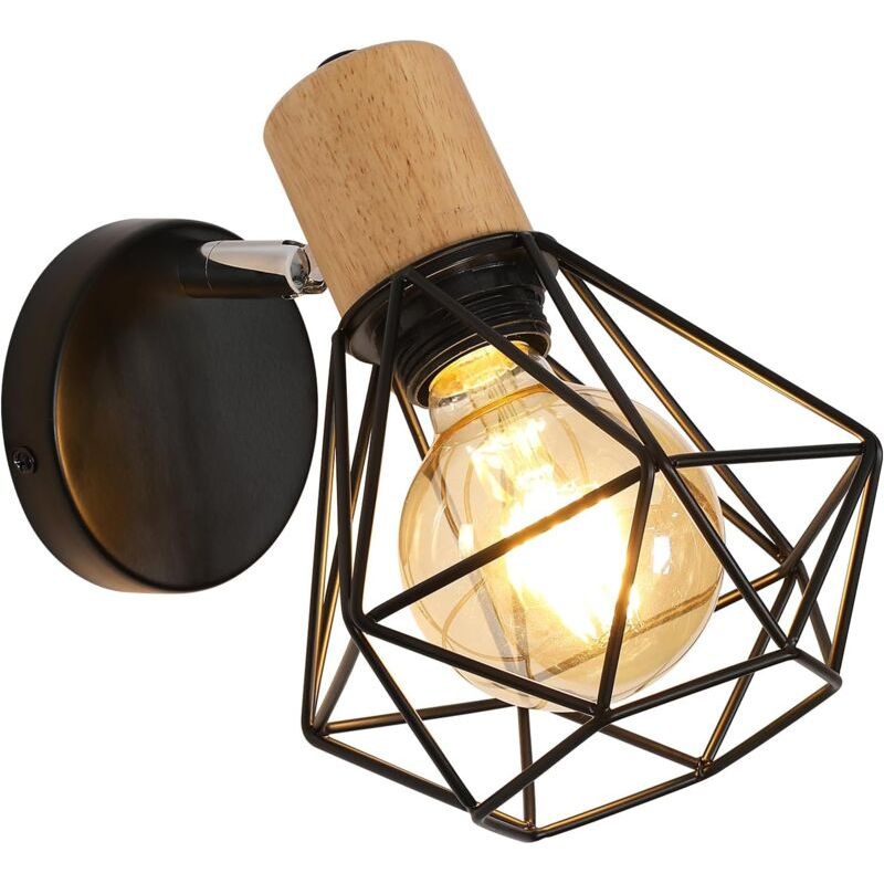 Applique Murale Industrielle Vintage, Lampe Murale 360° Rotative En Bois, Lampe Cage E27 En Métal Et Fer Noir