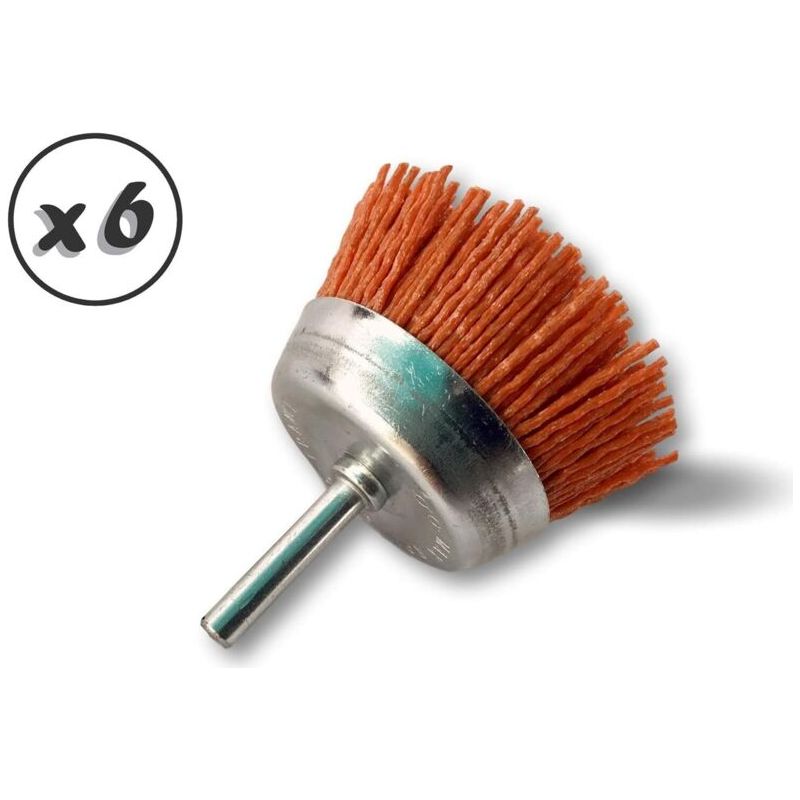 Brosse Rotative Métallique Coupe Ø 75 Mm Lot De 6 Sur Tige Ø 6 Mm Brins Nylon Abrasif Grain 80 Pour Perceuse Ou Visseuse À Mandrin