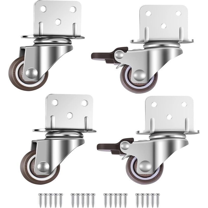 Lot De 4 Petites Roulettes Pivotantes Pour Meubles, 25 Mm Avec Frein, Plaque De Montage En L, Convient Pour Meubles, Supports De Fleurs, Crèches (25 Mm)