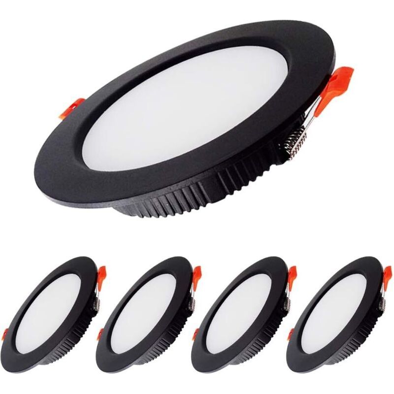 Aougo – Lot De 5 Spots Encastrables Led Noir Extra Plat 5w 500lm – Ip44 – Blanc Naturel 4000k – Pour Salle De Bain Et Cuisine