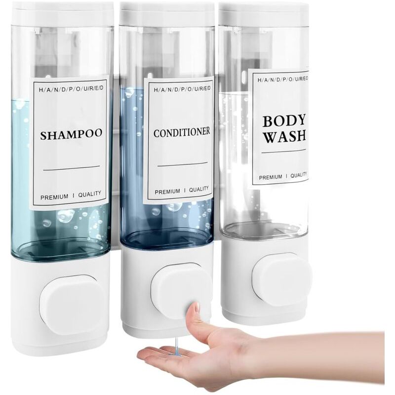 Sjlerst Lot De 3 Distributeurs De Savon, Fixation Murale, Sans Perçage, Distribution Uniforme De Liquide, Anti-fuite, Convient Pour Shampooing, Gel Douche, Savon Liquide, Après-shampoing, Blanc